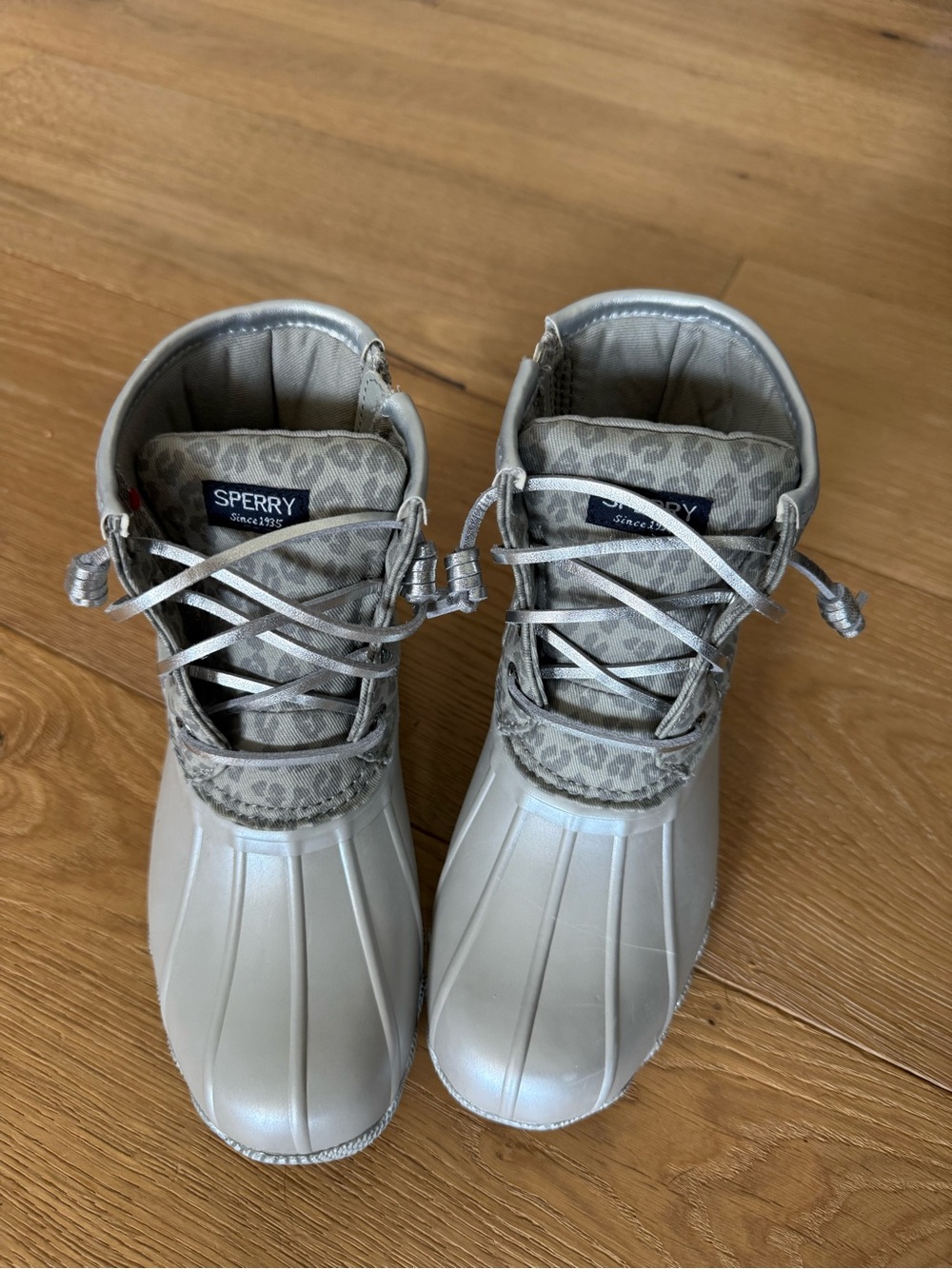 Sperry Gray Leopard-Trim Waterproof Duck Boots